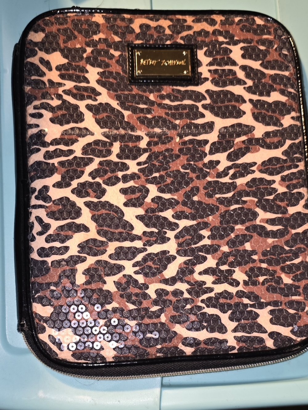 Betsey Johnson Leopard Sequin Zip Around Tablet Case